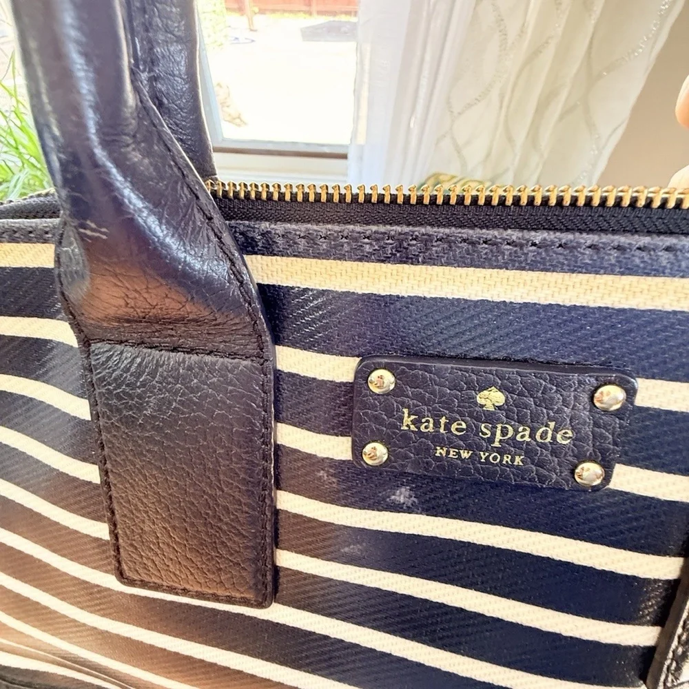Kate Spade new york Navy/White Striped Satchel Zip Top Handle Detachable Strap